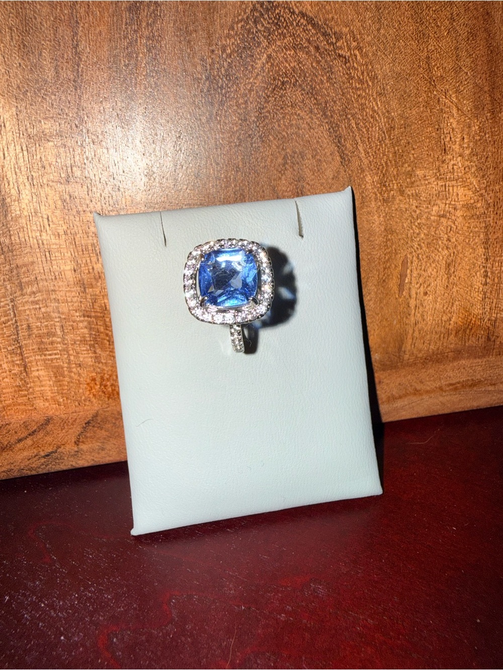 Silver Ring with Blue Cushion-Cut Center Stone and Halo - Picture 3 of 3
